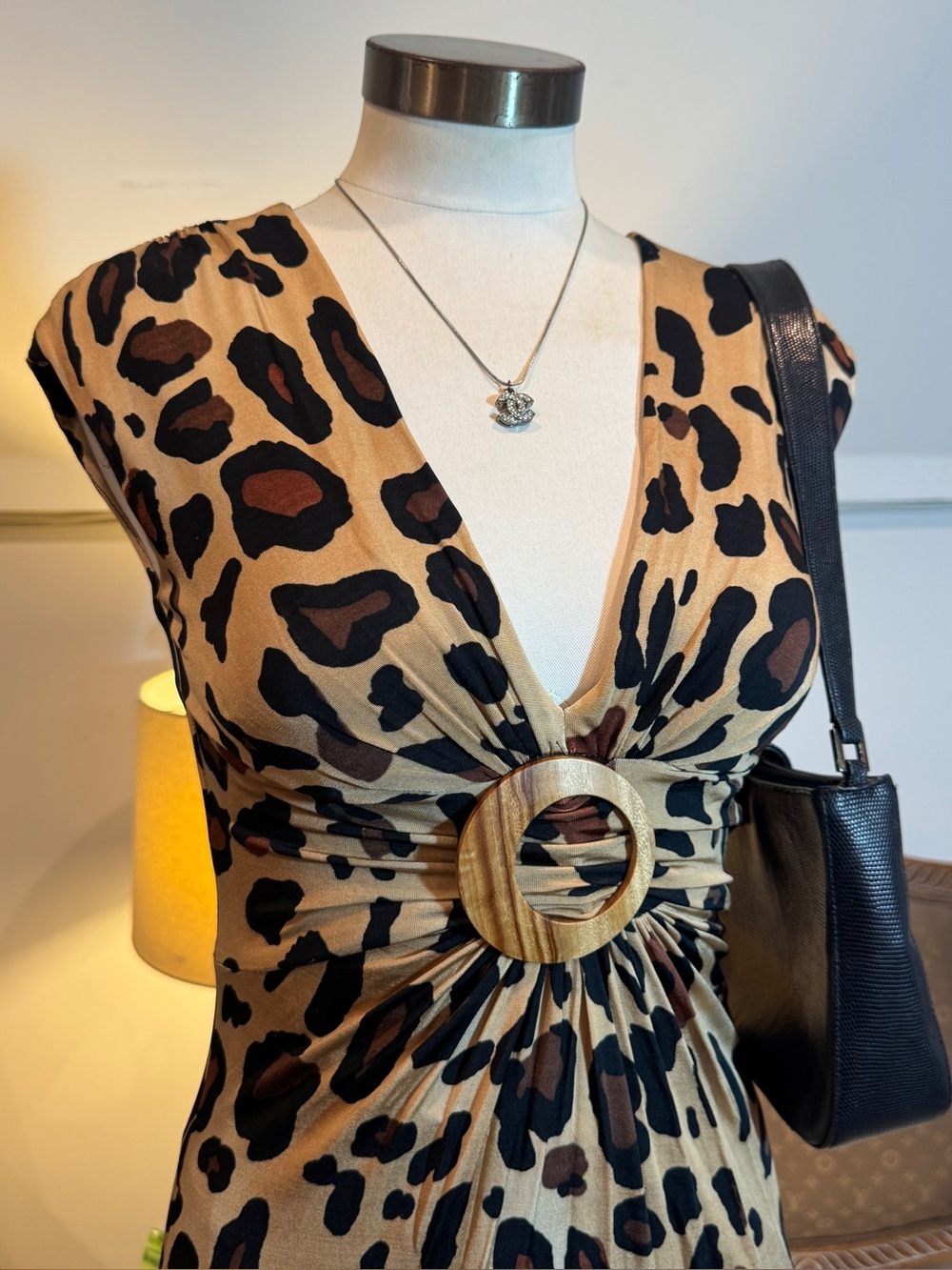 Vintage Cache Sexy Leopard Print Midi Slip Dress S with Wood Belt Ring Detail